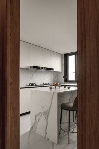 Modern minimalist kitchen with marble countertops and minimalist design features.