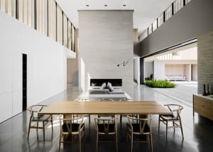 Modern residential interior featuring concrete, wooden, and brick elements.