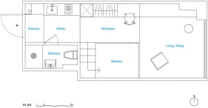 A black and white architectural floor plan of a modern small space, featuring a workspace, kitchen, living/dining, bedroom, a