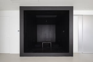 A minimalist black cube living room with wooden flooring and a small table.
