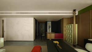 A modern living room with wooden and metallic furnishings.