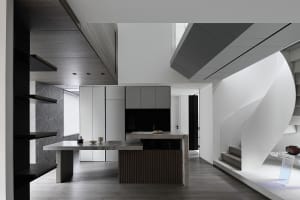 Modern kitchen with white minimalist design and integrated appliances
