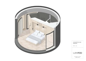 A modern bedroom with a wooden bed, pendant lights, and a large window allowing natural light to fill the space.
