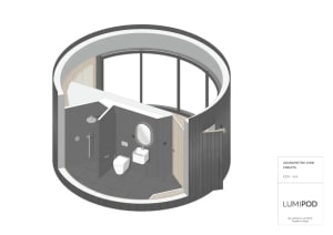 x-section view of a modern bathroom with black wood walls and floor, a walk-in shower, and a floating vanity.