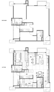 A comparative floor plan image depicting the changes in a residential building's interior layout.