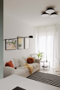 Modern living room featuring a sofa decorated with colorful cushions, black ceiling lights, and a black and white striped rug