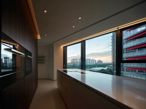 Contemporary minimalist kitchen with a white countertop and wood finishes