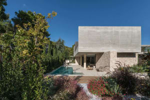 A modern residential exterior with concrete walls and a swimming pool surrounded by greenery.