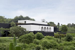 A modern house with black and white exteriors surrounded by lush greenery and trees in a wilderness setting.