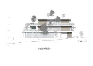 Modern building elevation with stone walls and glass panels