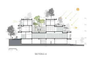 Cross-sectional architectural drawing of a modern building with terraced trees and open spaces.