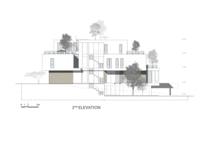 A modern residential house elevation drawing showing the second floor with concrete, glass, and steel elements.