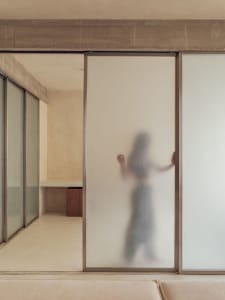 A minimalist bathroom with a frosted glass door and wooden floor.