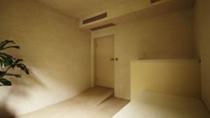 A minimalist bedroom featuring concrete walls and flooring, with a low bed and green plants.