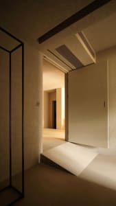 A modern minimalist entryway featuring concrete flooring and plaster walls.
