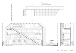 Schematic representation of a modern residential building with concrete floor plan and detailing.