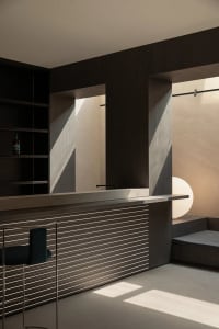 A modern bar designed with wooden elements, featuring a sleek and contemporary aesthetic.