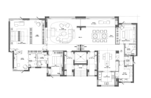 A detailed architectural floor plan of a modern apartment with white walls, showcasing the layout and design features.