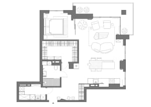 Floor plan of a modern living room with minimalist design, featuring exposed concrete walls and open layout.