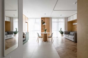 Modern minimalist living room with wood furniture and white walls.