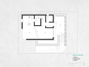 Floor plan of a modern residential interior with a kitchen, dining space, living room, and garden.