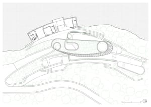 A detailed architectural rendering depicting a landscape design on paper.