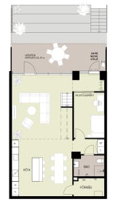 Floor plan of a modern kitchen with porcelain tiles, white countertops, and stainless steel appliances.