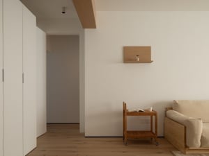 A minimalist residential interior featuring a light-colored wood floor, sofa, and shelves.