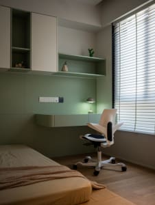 A modern bedroom featuring granite elements