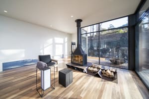 Modern living room featuring a wooden floor and a fireplace with a large glass window.