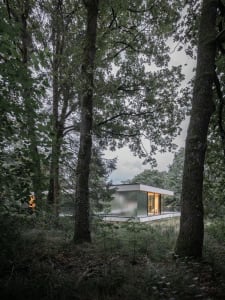 A minimalist house with glass walls nestled in a forested area.
