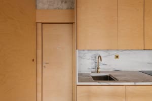 A modern kitchen featuring wooden cabinets and a marble countertop.