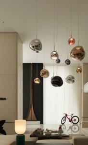 Modern living room featuring metallic glass pendant lights and minimalist furniture