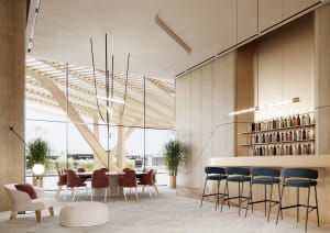 A modern restaurant bar featuring concrete, wood, and marble materials.