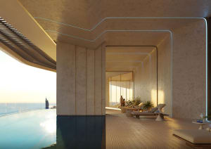 A modern swimming pool deck with a concrete structure and lounge chairs.