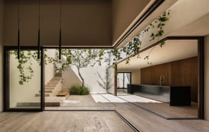 Modern minimalist residential interior featuring wood, glass, and steel materials