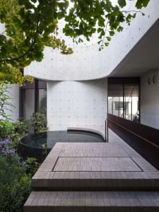 A modern residential entryway featuring a concrete courtyard.