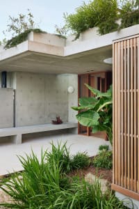 A modern minimalist interior with concrete walls and a green rooftop garden.