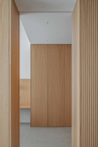 Modern closet with wooden panels and clean lines