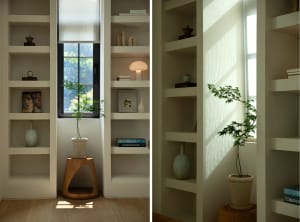 A minimalist living room with built-in shelves featuring books, plants, and decorative items.
