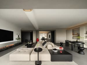 Modern living room featuring a neutral color palette and minimalist design.