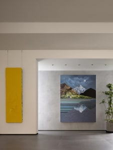 A modern interior design featuring a furniture layout with wall paintings.