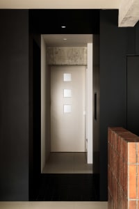 A minimalist modern entrance with concrete walls, black tiled floors, and white doors with glass panels.