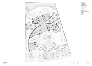 Floor plan of a modern residential home showing rooms and outdoor spaces.