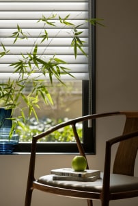 A modern interior with wooden furniture and a green plant in a vase.