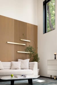 Modern living room featuring a white sofa, wooden and metallic decorative panel, and a green plant.