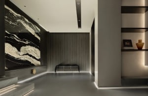 Modern living room featuring marble and concrete materials