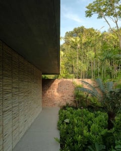 A walkway with bamboo walls and a brick wall, surrounded by lush greenery.