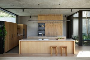 Modern kitchen with wooden cabinets featuring sleek, minimalist design.