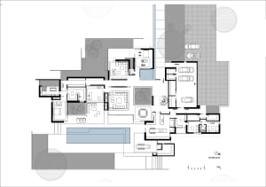 Modern treehouse floor plan with multiple rooms, a patio, and a swimming pool.